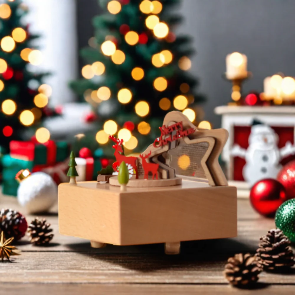 

Merry Christmas Star Movable Popular Design Wooden Train Music Box For Gift Giving Christmas Music Box