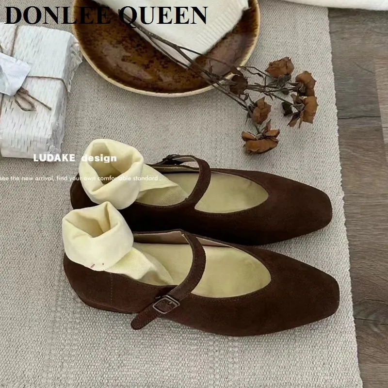 2024 Autumn Brown Women Flats Shoes Fashion Square Toe Ladies Ballerinas Shoes Soft Loafers Outdoor Casual Mary Jane Shoes Mujer