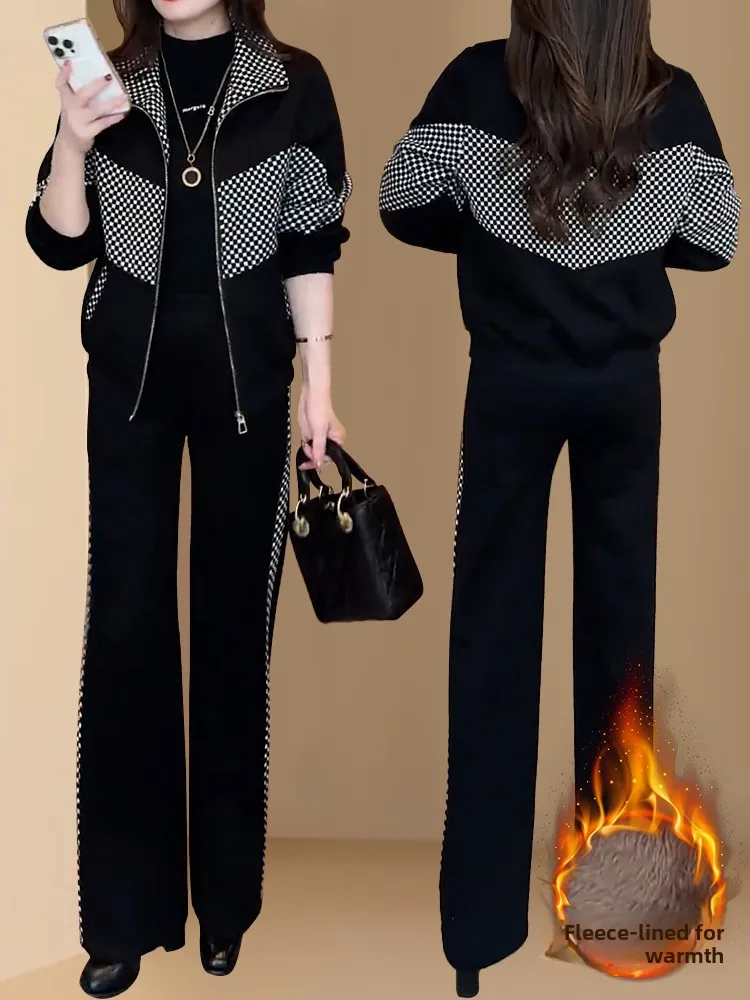 

Women's Fleece Lined Thick Casual Set Winter 2026 Fashionable Elegant Open Cardigan Coat Wide Leg Pants Two Piece Set