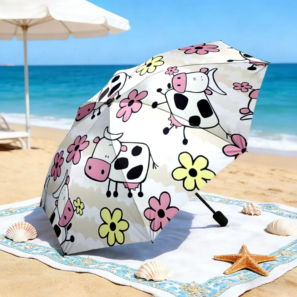 1PC Cow and Flower Delight on Picnic Umbrella Print 8 Iron Ribs Folding Umbrella Auto-Open Fashion Sunshade