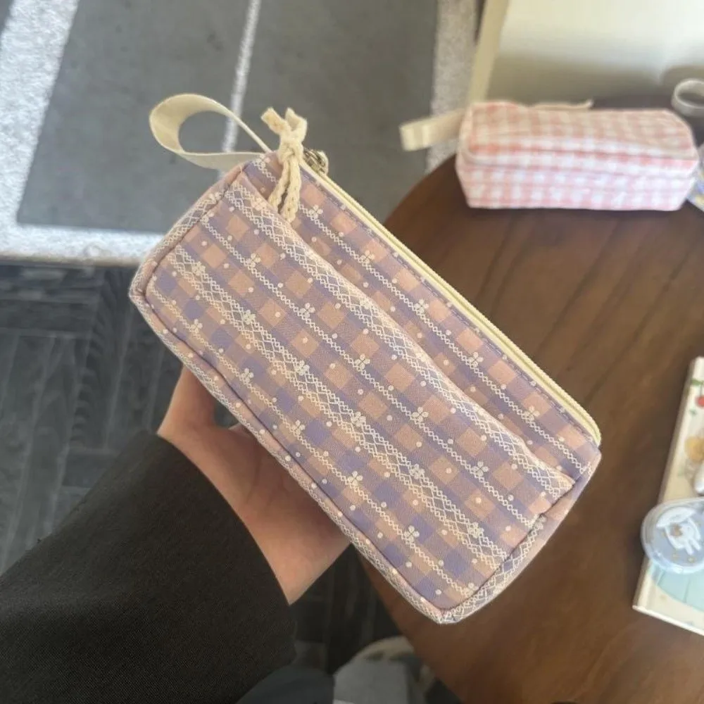 Stylish Large Capacity Plaid Pencil Case Plaid Pattern Compact Design Stationery Pouch Multi-Layer Pen Bag School Use