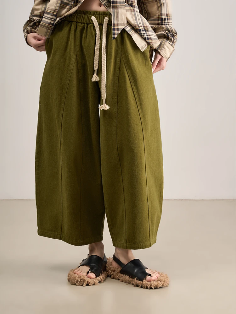 

High Waist Wide Leg Balloon Pants Yellow Mustard Color Drawstring Casual Trousers LANVIVIER Women's Comfortable Patchwork Pants