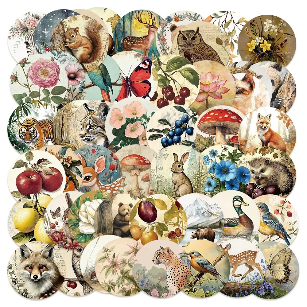 10/50pcs Vintage Cute Forest Plants Animals Label Stickers Aesthetic Graffiti DIY Notebook Laptop Water Bottle Luggage Sticker