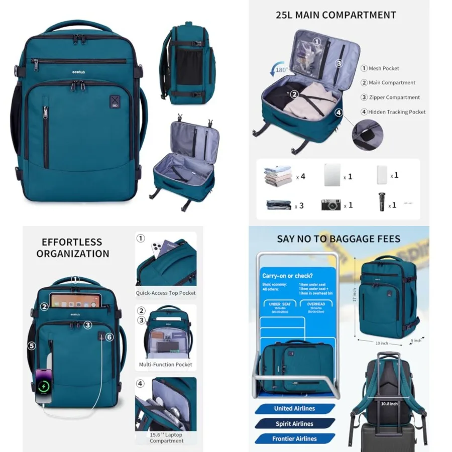 17" Small Travel Backpack, United Airlines Personal Item Bag 17x10x9 with 16 Pockets, Water Resistant Rucksacks Fit 15.6" Lapto