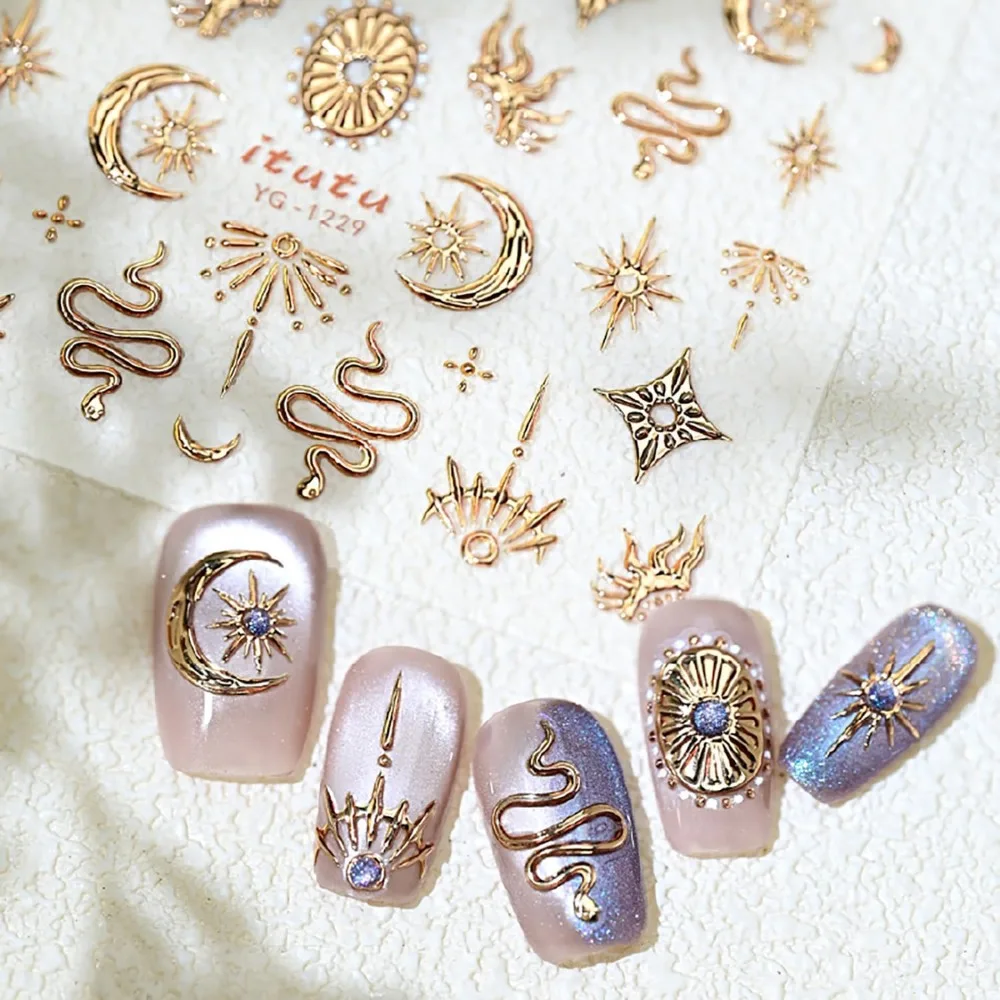 Embossed Star Nail Stickers: Gold Snake Decals for 5D Nail Art and DIY Moon Decorations