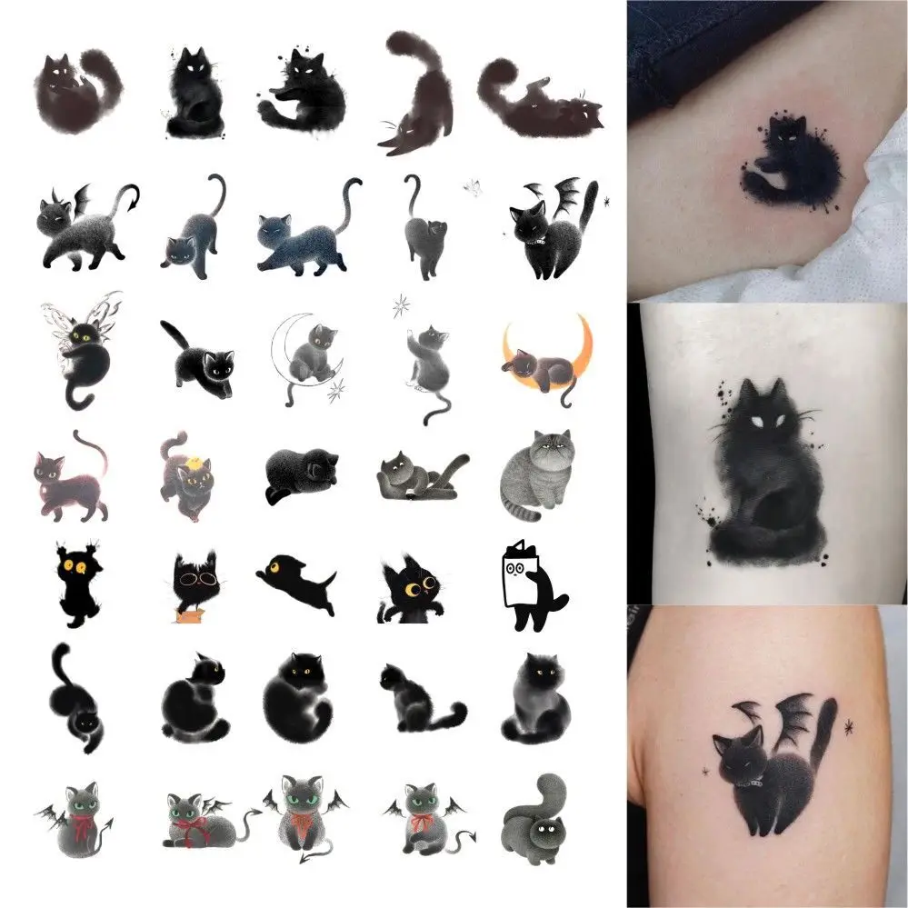 Pegatina de tatuaje de gato negro, Tatuajes falsos duraderos para mujer y hombre, tatuaje temporal Punk de brazo, Tatuajes falsos de arte lindo, Tatuajes impermeables