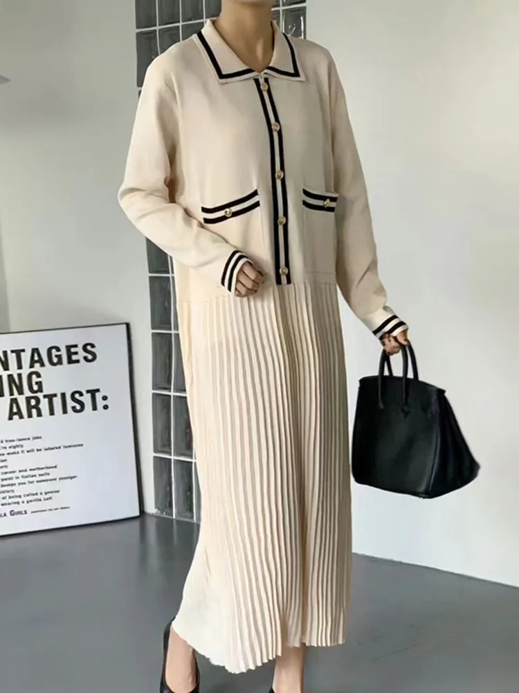 Women\'s Loose Elegant Vintage Knitted Dress, Lapel, Contrast Color, Mid-Length Skirt, Autumn And Winter Clothes, New Temperament