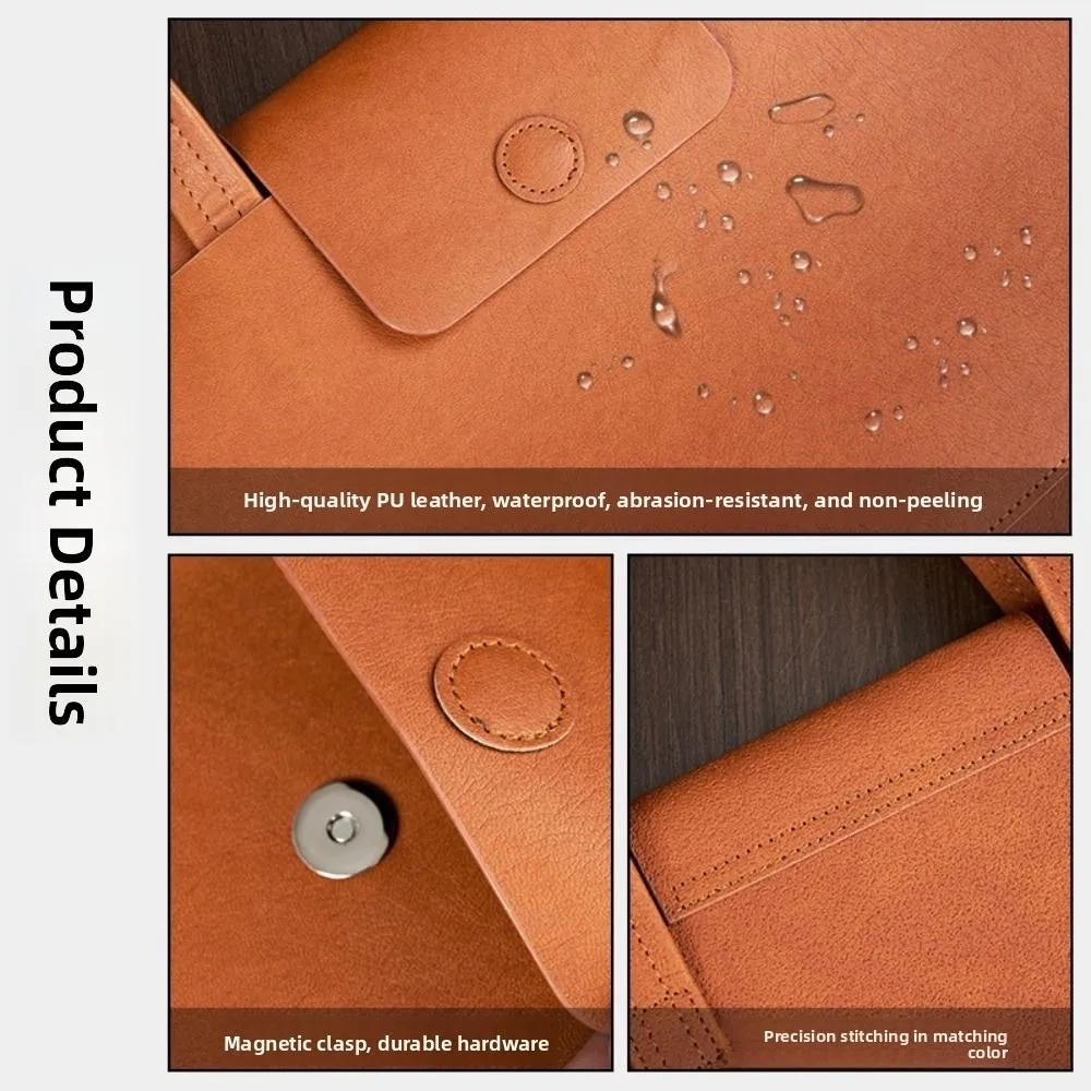 Large Capacity A4 Leather Document Bag Magnetic Button Simple Waterproof Laptop Cases Anti-Scratch Elegant File Storage Bag