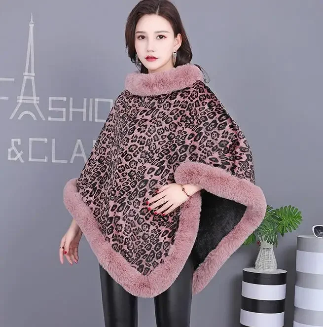 2024 Winter Warm O Neck Faux Rabbit Fur Thick Cloak Women Leopard Print Shawl Capes Plush Poncho Plus Size Velvet Pullover Coat