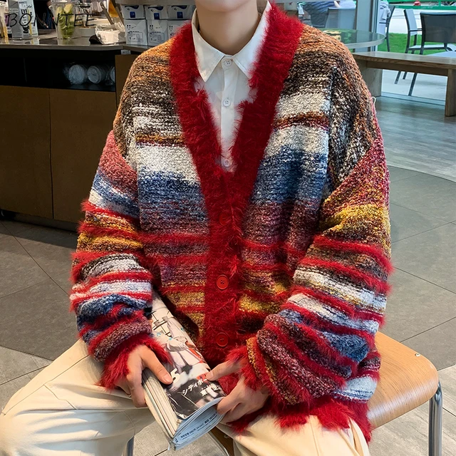 Autumn Winter Striped Cardigans Men Gradient V neck Long Sleeve Sweater Frayed Knitting Jumpers Ulzzang Korean Style Baggy New AliExpress 200000343