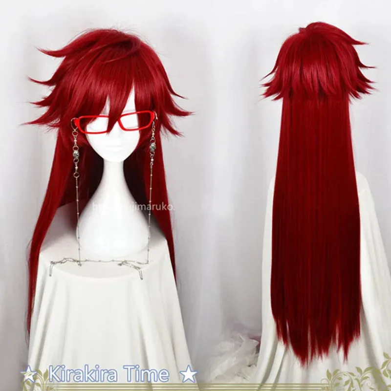 LQKuroshitsuji الأسود بتلر Grell Sutcliff أحمر طويل مستقيم مقاومة للحرارة الشعر تأثيري حلي شعر مستعار + الجمجمة سلسلة نظارات