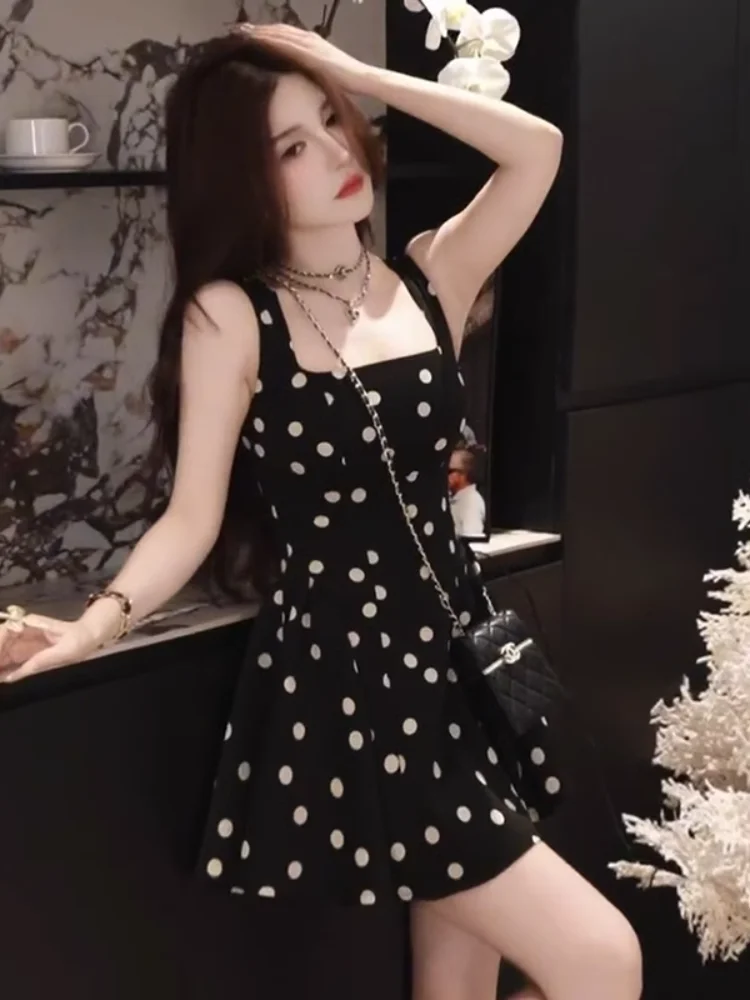 

Retro Polka Dot Strap Dress Women's Summer High Waist Slim A-Line Short Skirt Casual Style Xiaohanjia Brand Citywalk Suitable