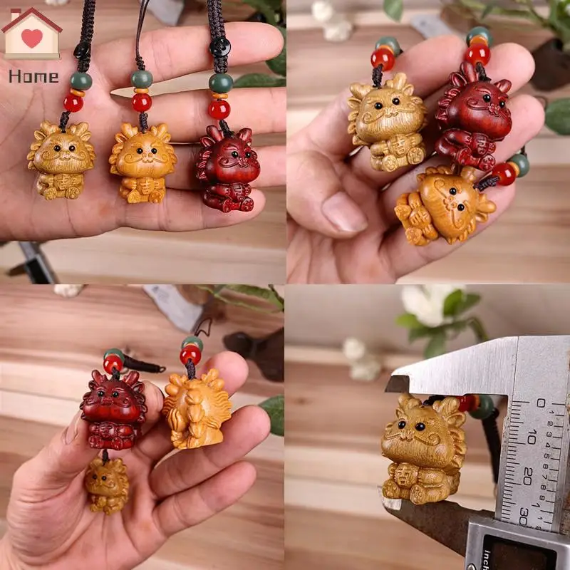 LLavero de estilo chino de sándalo, amuleto de buena suerte con dragón del zodiaco, tallado en madera colgante, llave de coche, decoración de mochila, 1 unidad
