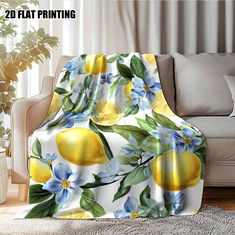 

Одеяло со свежим лимонным и синим цветком — мягкое одеяло с ярким акварельным узором для дивана-кровати