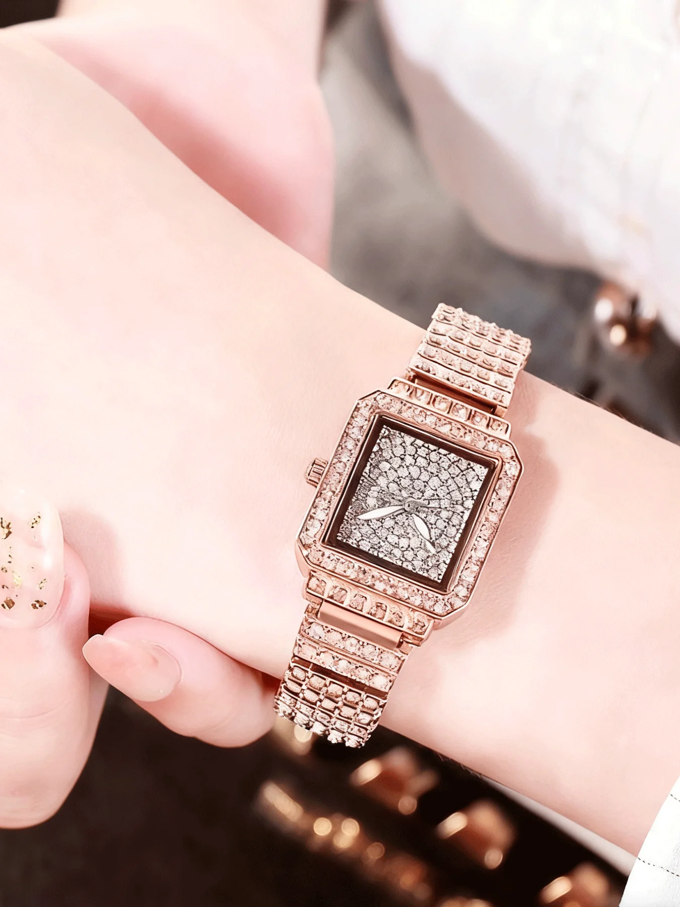 Ensemble de montre entièrement en diamant 3 pièces, montre à quartz carrée pour femmes, ensemble exquis de luxe léger