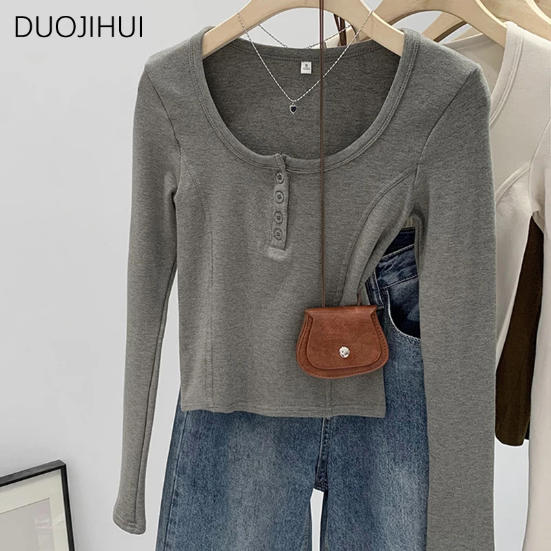 

DUOJIHUI Autumn Chicly Button Basic O-neck Women T-shirts New Simple Long Sleeve Solid Color Fashion Casual S-XL Female T-shirts