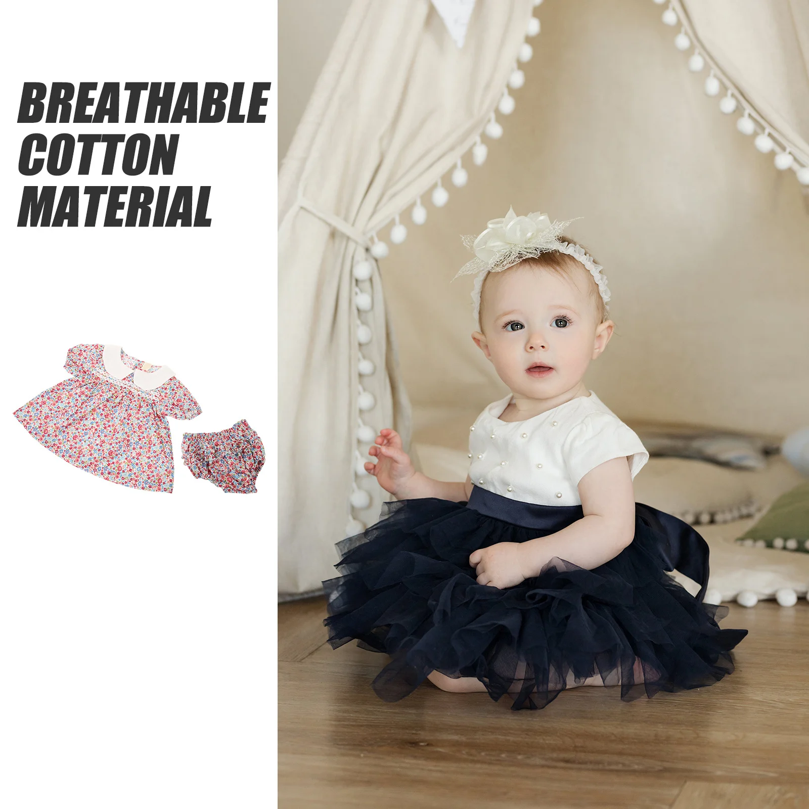 

Baby Girls Short Sleeve Romper Flower Design Breathable Cotton Summer Clothes Photography Birthday Party Outfit