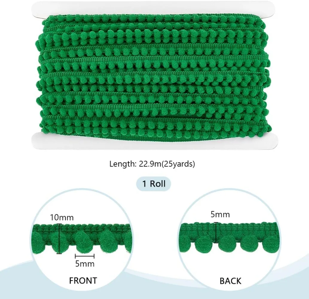 24 Yards Green Pom Pom Trim 3/8 inch Wide Ball Fringe Trim Tassel Trim Sewing Lace Ribbon with 5mm Balls for Home making kit