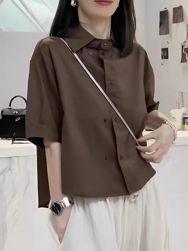 

Ele Korean Sle Pure Color ort Sve irt Double Button Skin-friendly Women's Summer Faion Top Quali Silk Blouse