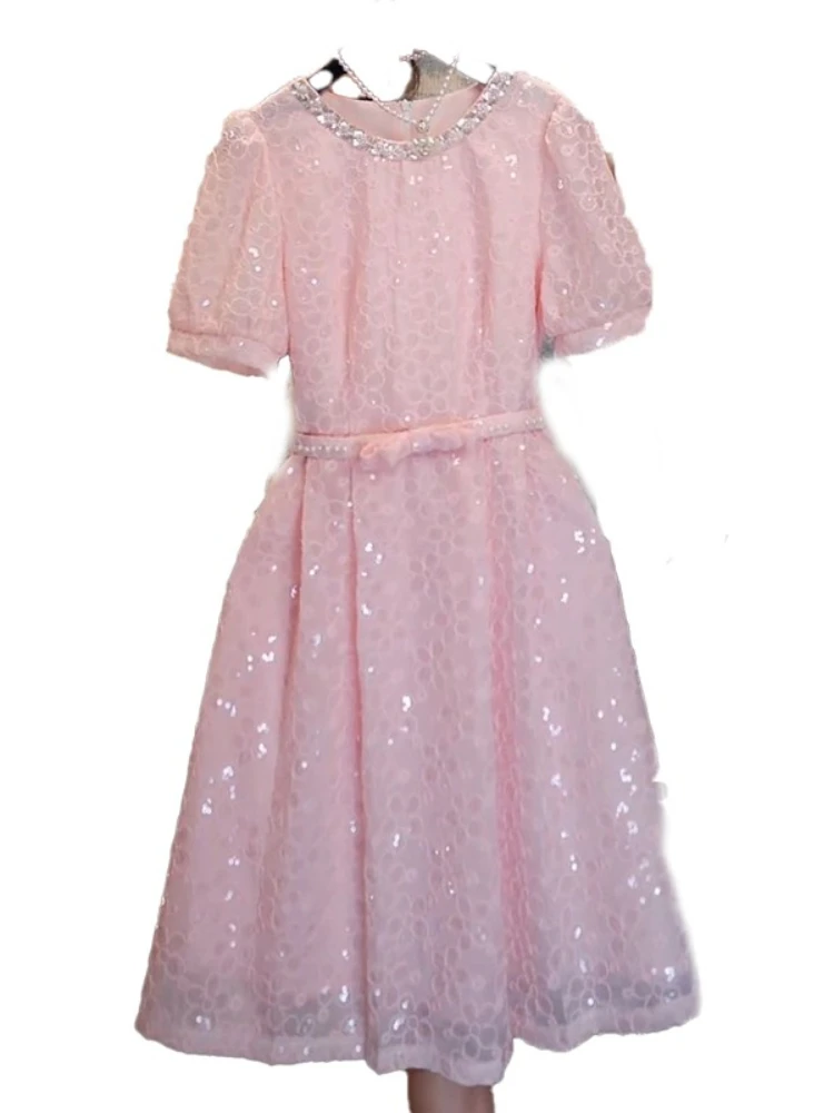 French small fragrance style heavy industry design sense temperament pink dress women's summer commuting elegant dress