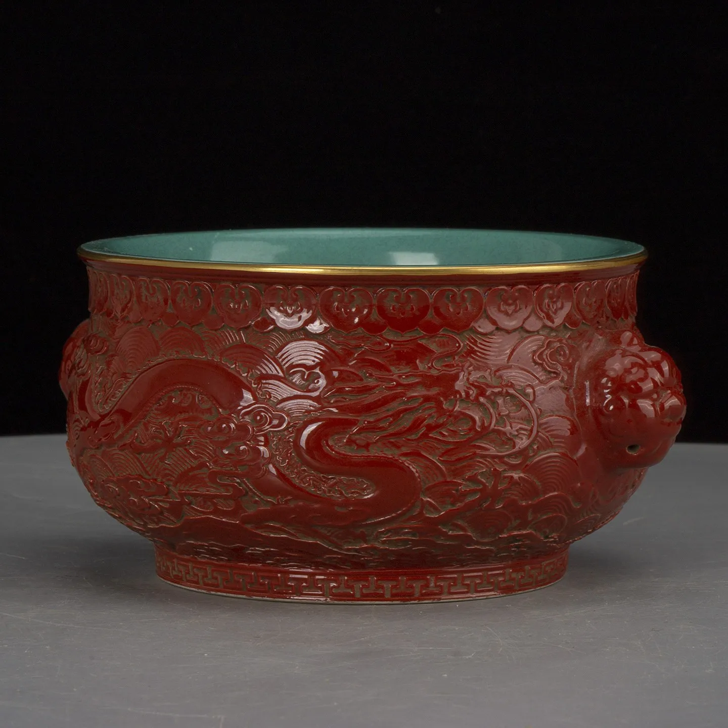 Chinese Red Porcelain Incense Burner Qing Qianlong Carved Dragon Design 7.3 inch