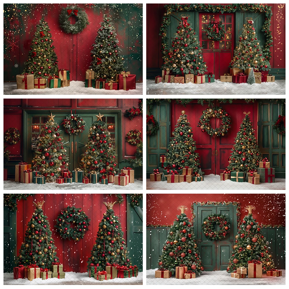 

Winter Xmas Tree Photography Background Red Wooden Door Snowflake Wreath Decor Kids Adult Portrait Backdrop Photo Studio Props