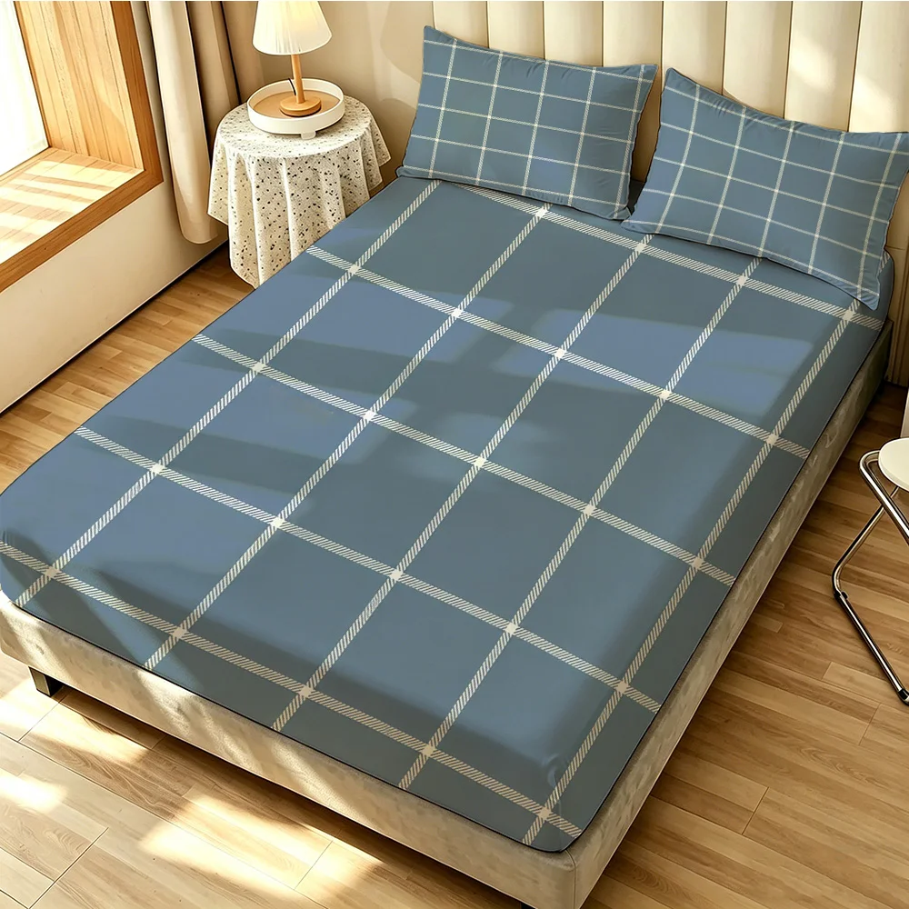 3pcs 90g polyester blue-bottomed white plaid patterned bedding sets, which are soft and comfortable to use