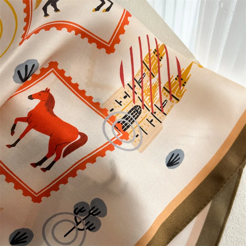 100% MULBERRY SILK 65X65cm Vintage Stamp Equestrian Castle Square Scarf Cream Base Olive Trim Bandana Women Office Travel Gift - view 3