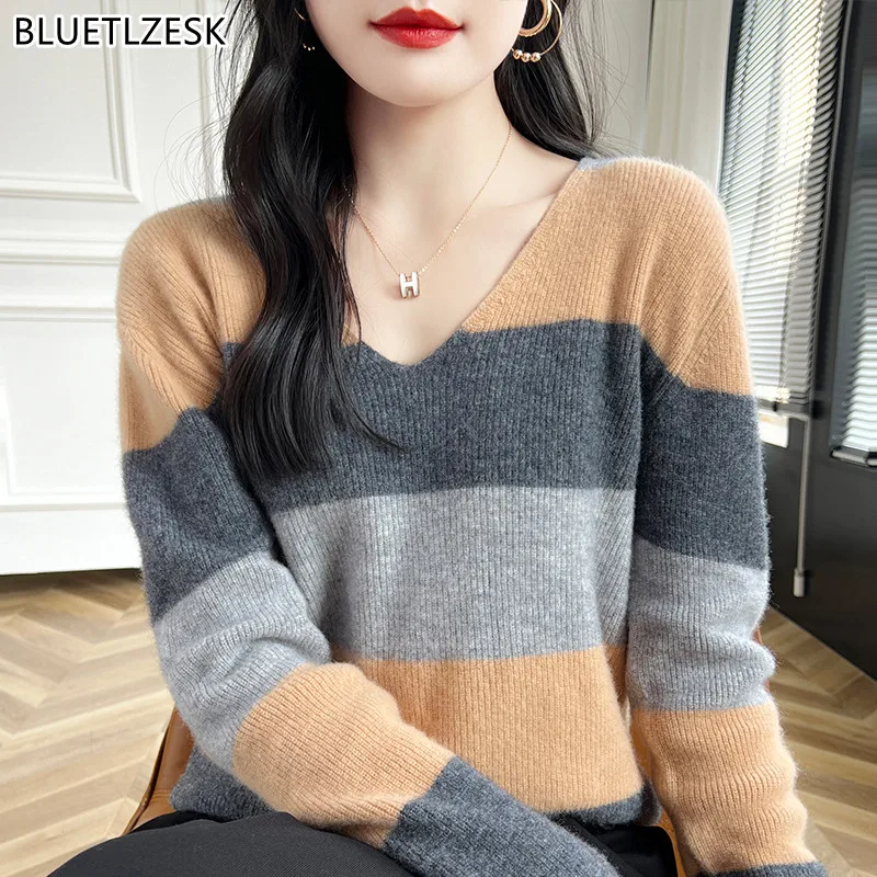 

Women's V-neck 100% Wool Sweater 2024 Autumn/Winter Pullover Big Stripes Loose Knit Tops Europe Station Cashmere Female Clothing