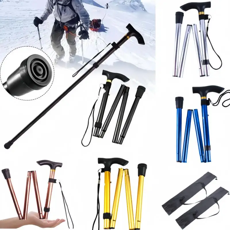 Durable Aluminum Trekking Poles Walking Cane, Four Section Telescopic Folding Hiking Climbing Cane for Elderly, Lightweight