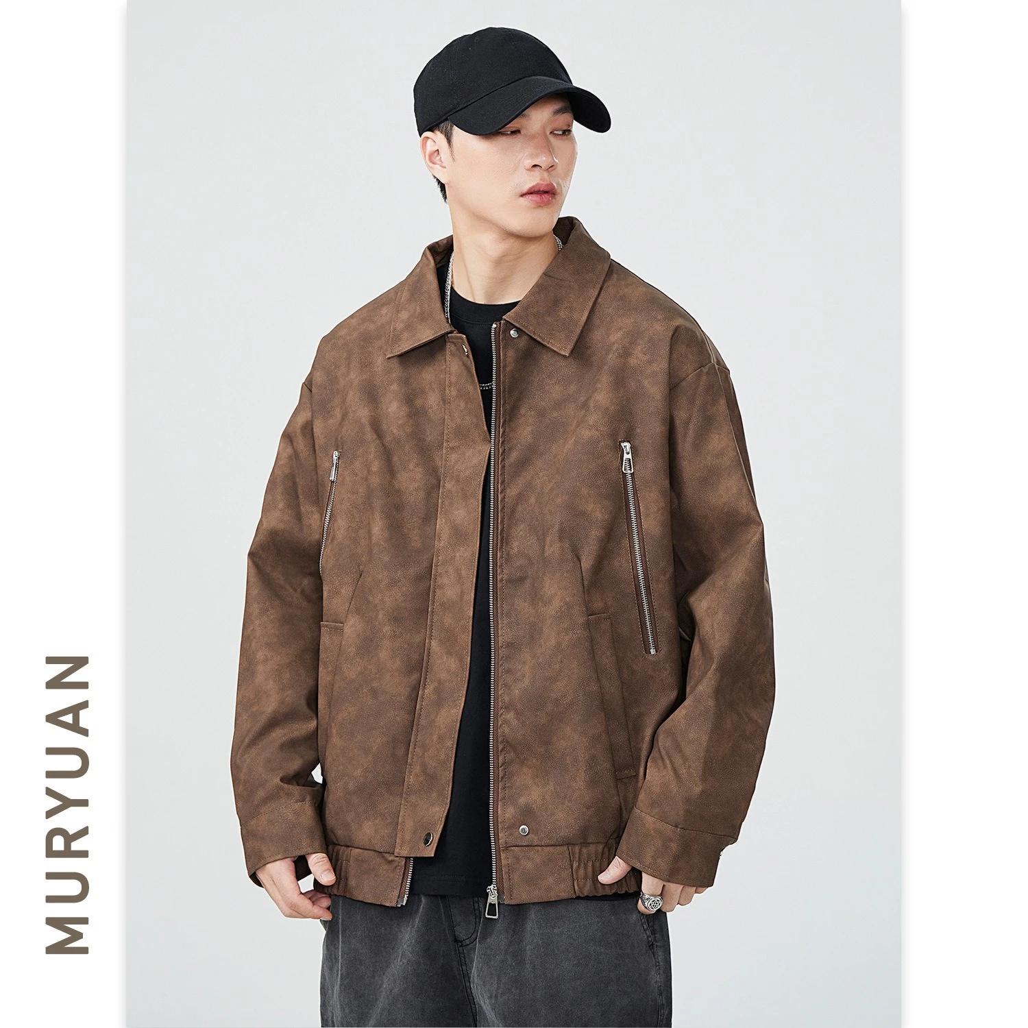 

Осенние модные мужские однотонные с отложным воротником и длинным рукавом, повседневные модные простые базовые свободные куртки из искусственной кожи, мужские пальто