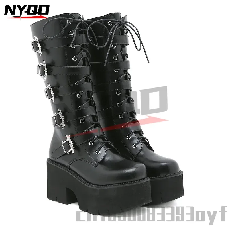 

Trend Long Boots Metal Buckle Back Zipper High Boots Thick Heel Plus Size Women's Motorcycle Knight Boots