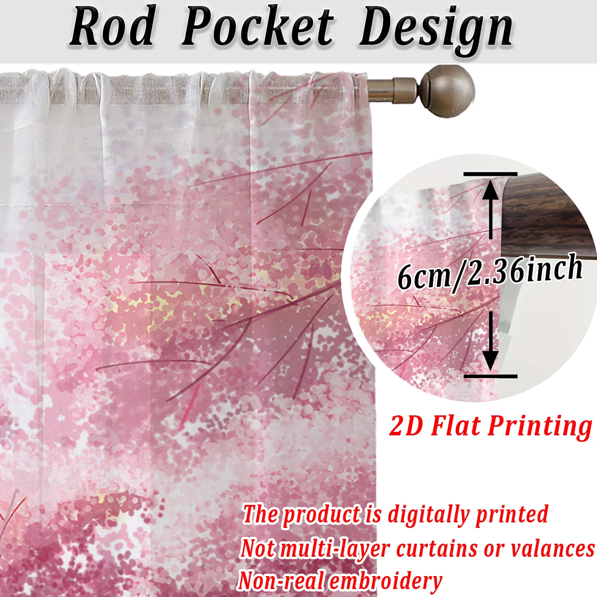 ستارة شفافة بطباعة مسطحة من أزهار الكرز الوردي، قماش خفيف، لغرفة المعيشة وغرفة النوم وديكور المنزل والنافذة