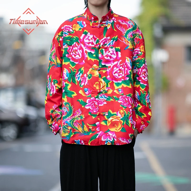 

Men's Long Sleeve Shirt Chinese Style Handmade Button up Jacket Northeast Big Flower Pattern Casual Wear from Mainland China