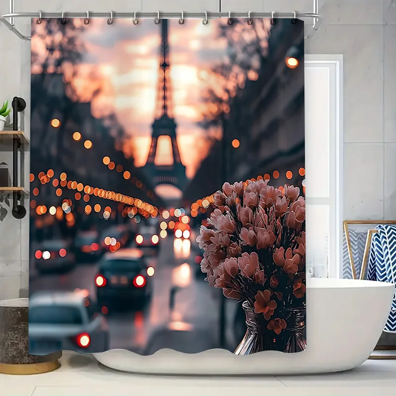 

Романтический Париж Ночной вид с Эйфелевой башней и цветами Водонепроницаемая занавеска для душа Водонепроницаемая полиэфирная ткань Complimentaryhook