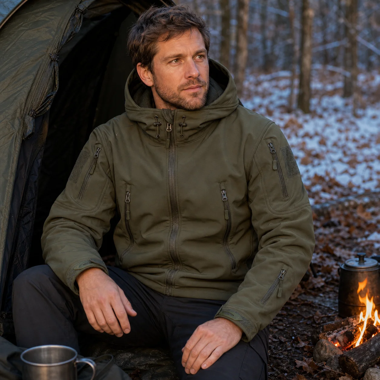 Fleece Multi Pocket Tactical Jacket Mens Camo New Windproof Warm Outdoor Hunting Jackets Male Hooded Hiking Cargo Jackets