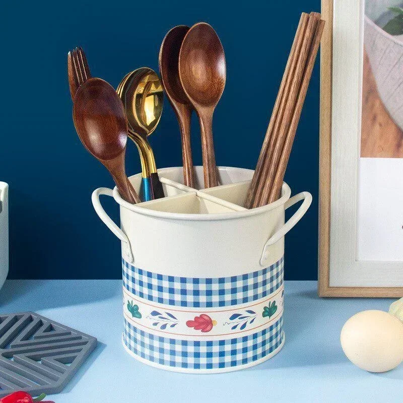 Retro Tableware Storage Bucket Draining Rack with Divider Kitchen Knife and Fork Storage Box Home Decoration for Kitchen Tools