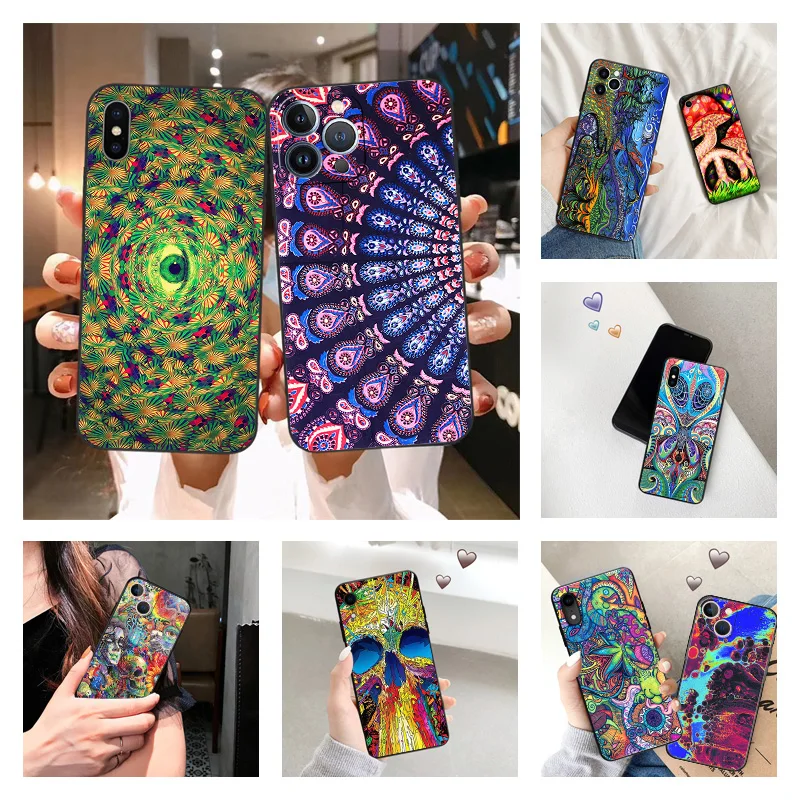 Phone Case for iPhone 16ProMax 14 13 15 Pro Max 12 11 XR SE 7 8 16 Plus Abstact Trippy Psychedelic Art Soft Black Silicone Cover