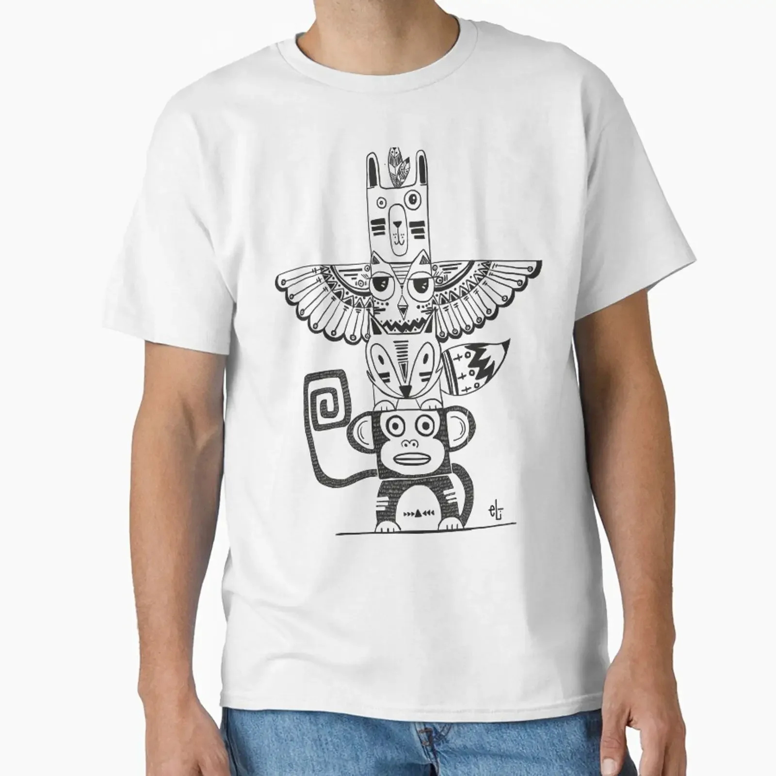 Camiseta con estampado de tótem salvaje en blanco, diseñada y vendida por Eli Gallego, estilo vintage, lavado, elástica, suave, informal, cómoda, streetwear para hombre