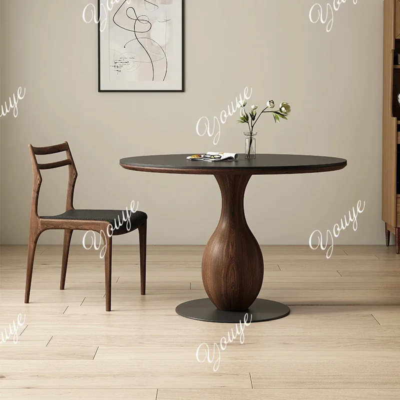 A63 Tuyuan Deli Feng rock slab round dining table solid wood retro small apartment pure black black walnut dining room round tab