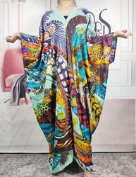 Kuwait Fashion Blogger Recommend Twill Silk Printed V-Neck Straight Kaftan Dress Casual African Bohe Loose Abaya Robe