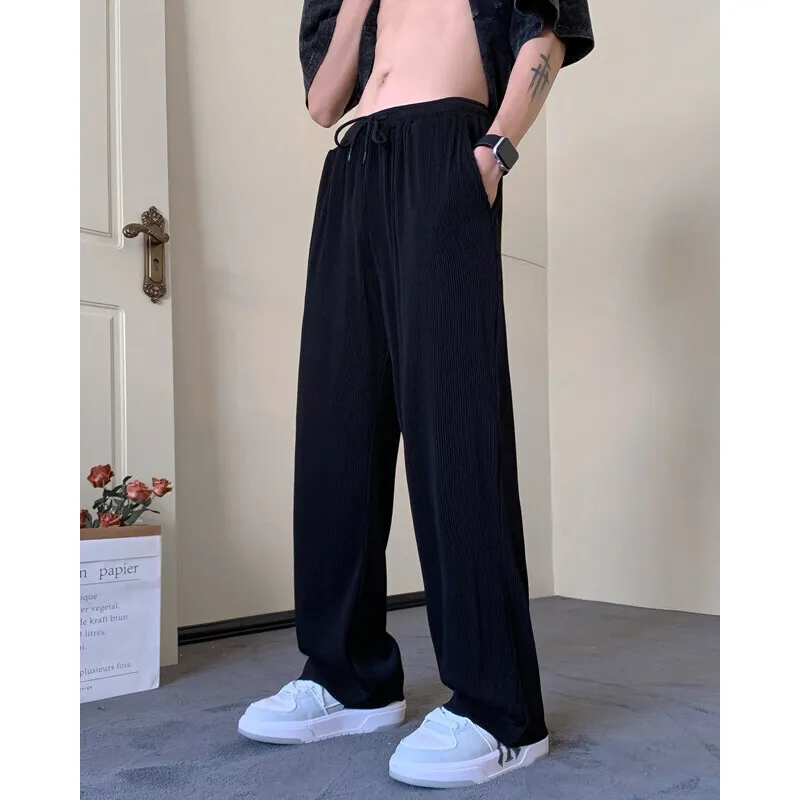 Summer Casual Pants Men Gray Black Wide Leg Pants Men Japanese Streetwear Loose Ice Silk Pants Mens Trousers Large Size 4XL