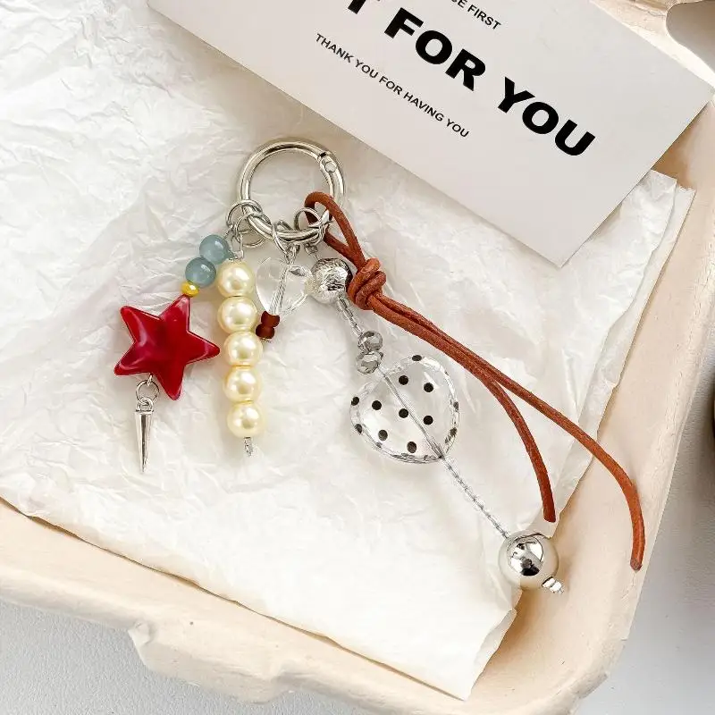 

reativity Pentagram Star Backpack Hanging Car Keyring Retro Dots Heart Shape Pendant Keychain CTrend Accessories