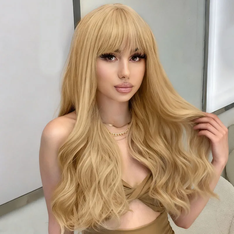 

Женский льняной желтый 26-дюймовый синтетический парик с челкой, модный и универсальный, подходит для повседневного женского ношения.