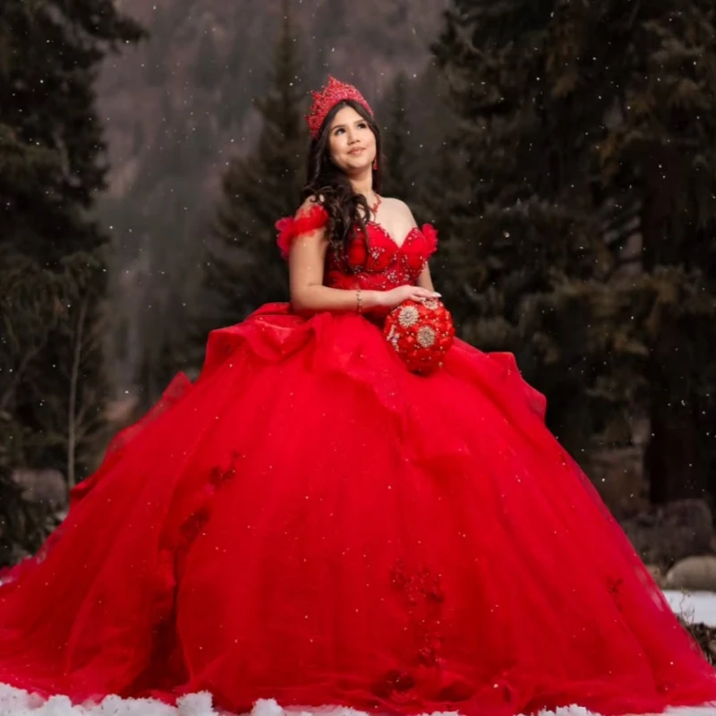 

Red Shiny Quinceanera Dresses Ball Gown Off The Shoulder Applique Lace Beading Crystal Bow Tull Party Birthday Sweet 16 Dress