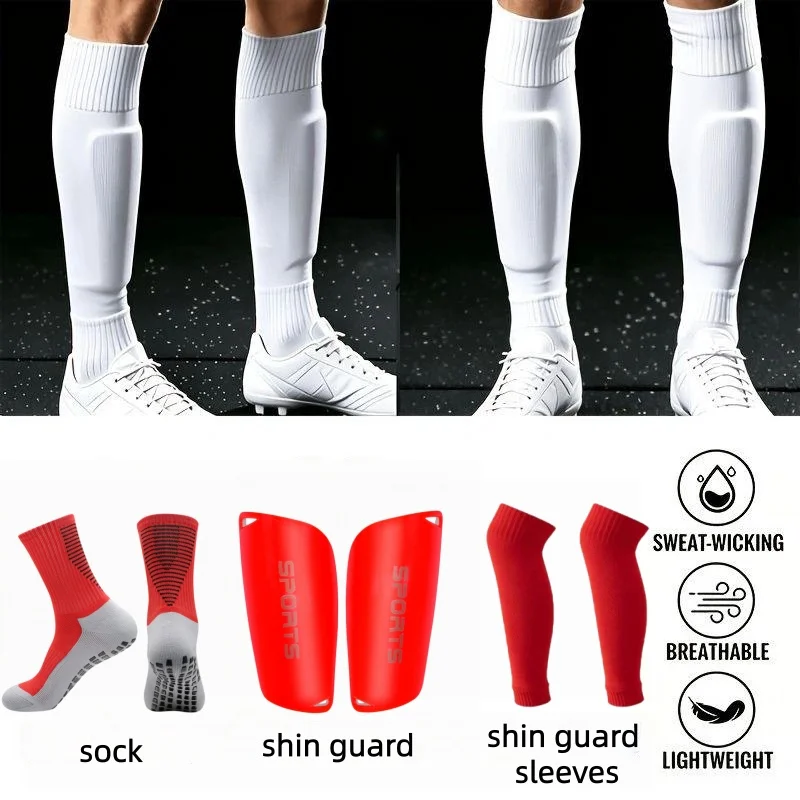 Football Shin Guard 3Pcs Set Anti-slip Grip Soccer Socks Shin Guard Sleeves Breathable Sports Leg Protector for Training