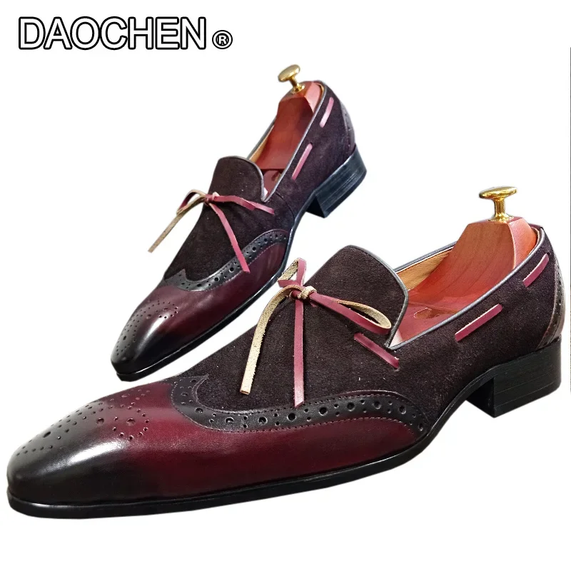 LUXURY MEN LOAFERS SHOES WITH BOW BLACK BURGUNDY WINGTIP SLIP ON SUEDE CASUAL MEN SHOES WEDDING OFFICE LEATHER SHOES MEN