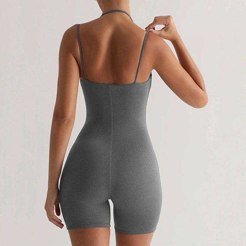 Zwarte Jumpsuit Voor Dames 2024 Uit Één Stuk Gebreide Zomerspaghettibandjes Halterhals Rompertjes Actief Trainen Casual Outfits