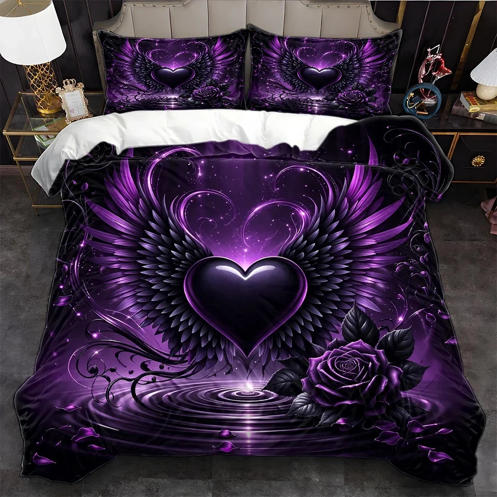 3Pc Purple Heart Wings Rose Duvet Cover Set, Three-Piece Bed Set (1*Duvet Cover + 2*Pillowcases), Suitable for All Seasons, Machine Washable, Invisible Zipper Design, Large Double Bed Cover Set, Suitable for Home, Dormitory, Master Bedroom, Guest Room, Dreamy Purple and Black Bedding Set, Trendy Dark Style Bedding, Personalized Artistic Print Duvet Cover, Comfortable and Skin-Friendly Bedding Set, Hot-Selling Bedroom Bedding, Fashionable Decorative Bedspread, High-Quality Bedding Set