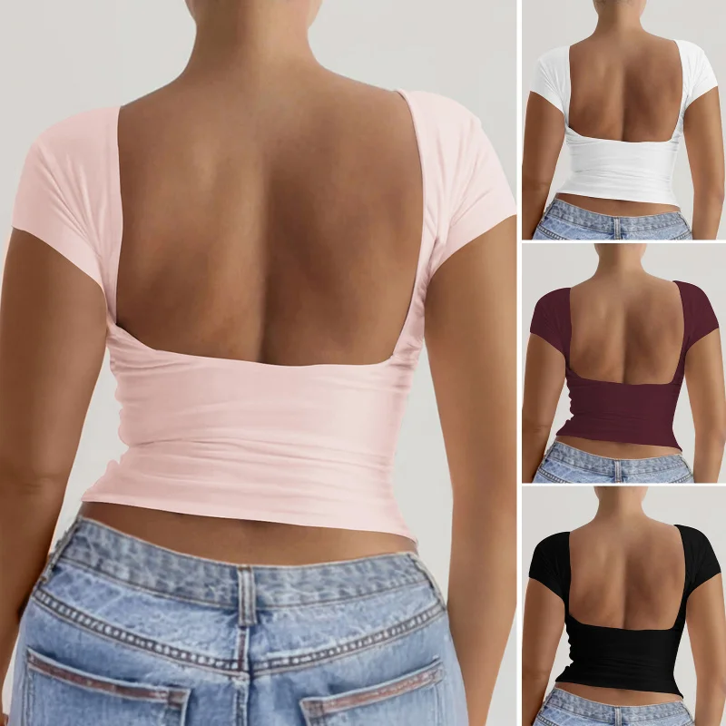 

Kaikuo Solid Color Round Neck Leak Back Short Sleeved Sexy Slim Fit Top T-Shirt Women'S Clothing